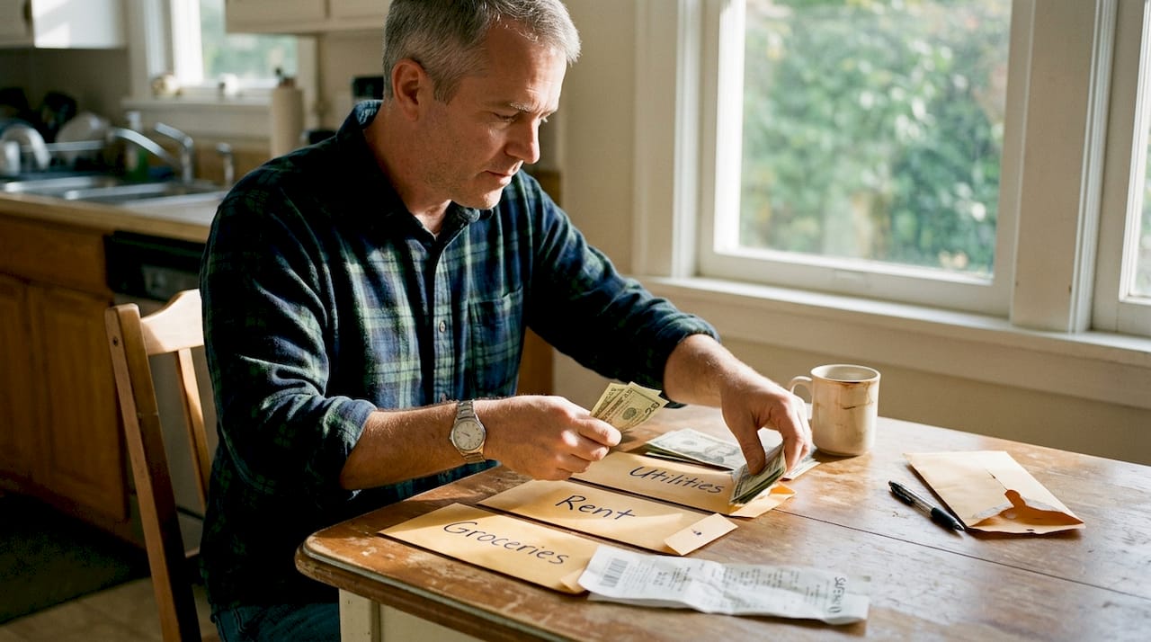 Man sorting cash envelopes for budgeting