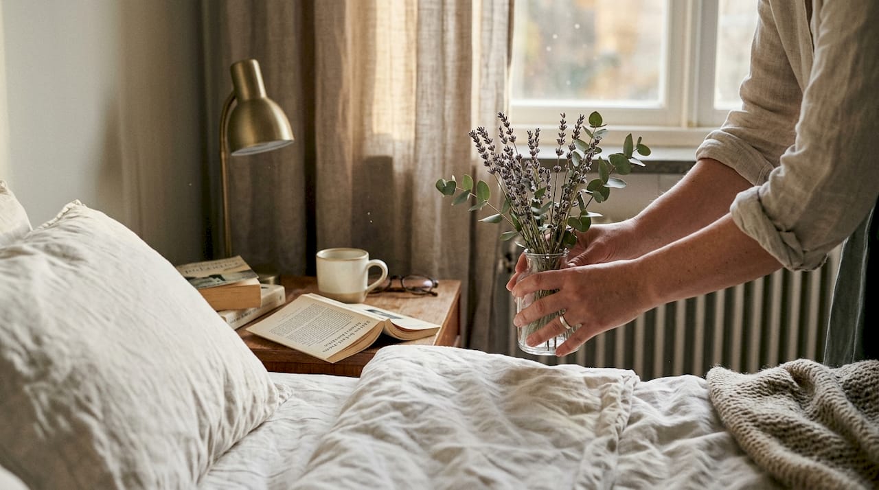 En liten blombukett på nattduksbordet ger sovrummet en extra hemtrevlig känsla tillsammans med nybäddade lakan.