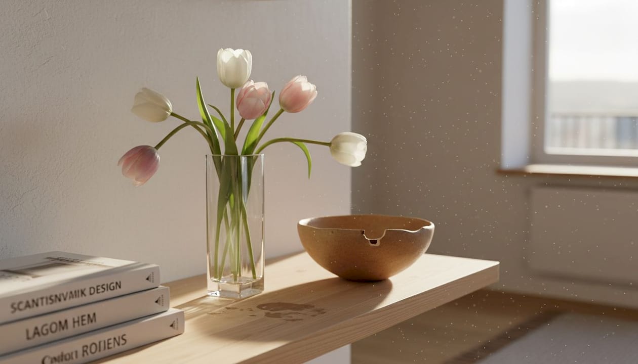 En glasvas med tulpaner står på en trähylla.