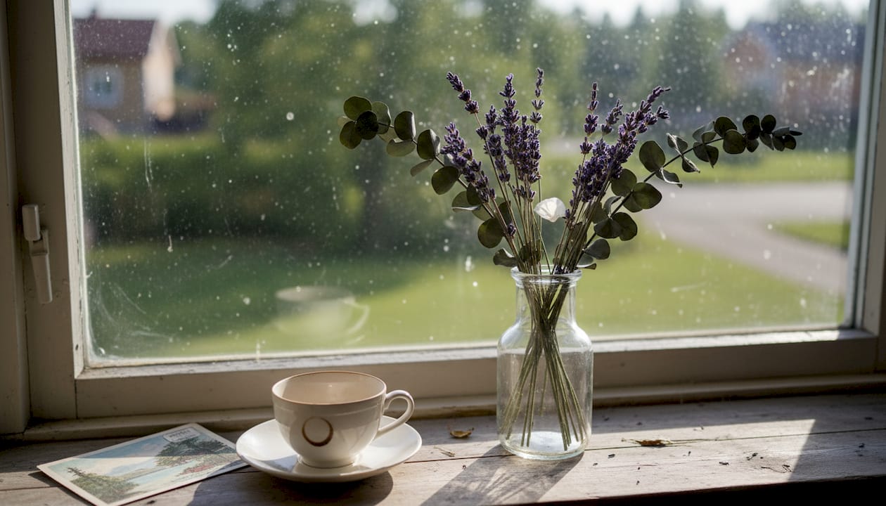Ett vackert detaljerat foto av eucalyptus och lavendel arrangerade i en vas.