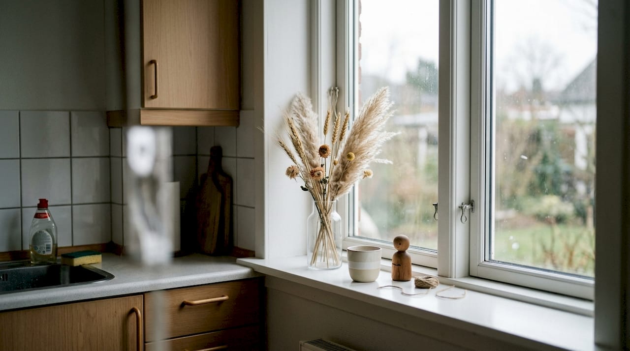 En stilren bukett med torkade blommor pryder köksfönstret