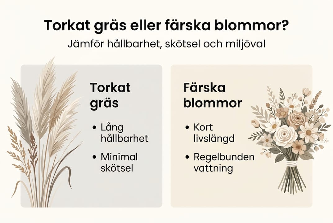 Infografik som visar skillnaderna mellan torkat gräs och torkade blommor