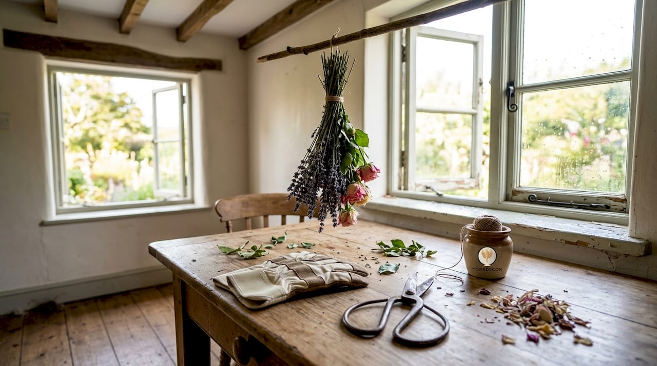 Torkade blommor pryder det lantliga köket