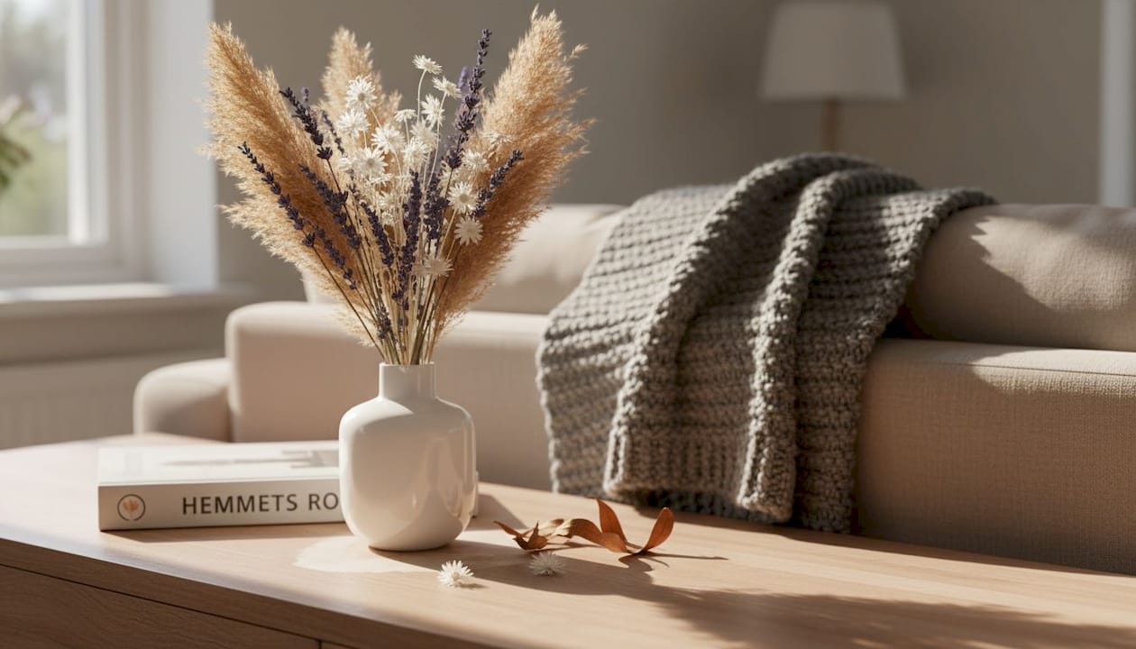 Ett stilleben med torkade blommor i vas på ett sideboard ger en fin och ombonad känsla till rummet.