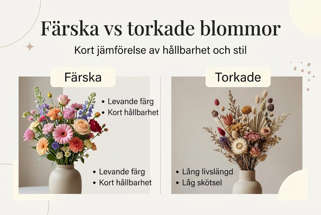 En överskådlig guide som visar skillnaderna mellan färska och torkade blommor