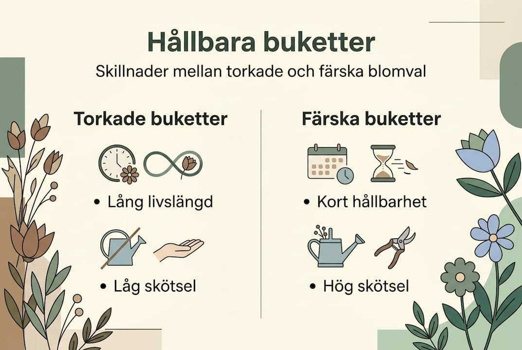 Illustration som jämför torkade och färska blombuketter