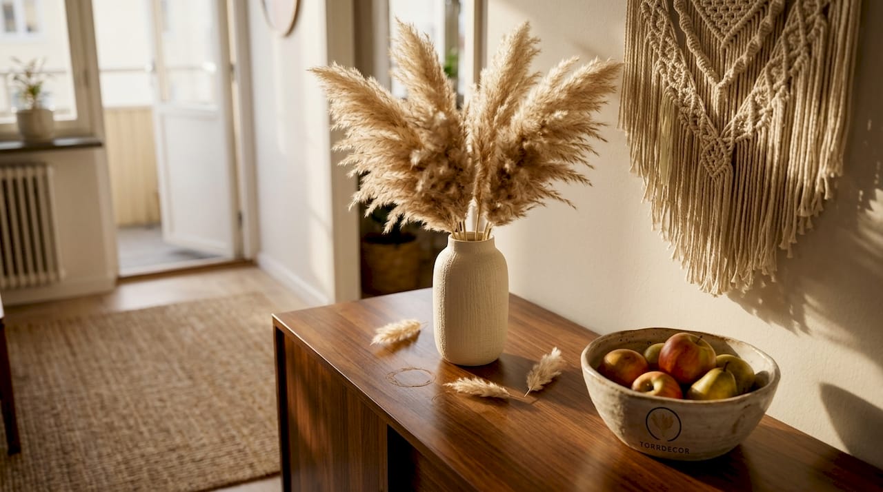 En bukett pampasgräs som pryder matplatsen i boho-stil
