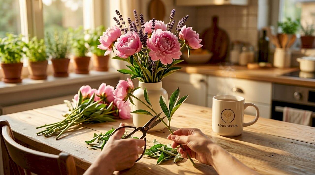 Detaljbild på hur blommorna klipps innan de ska torkas