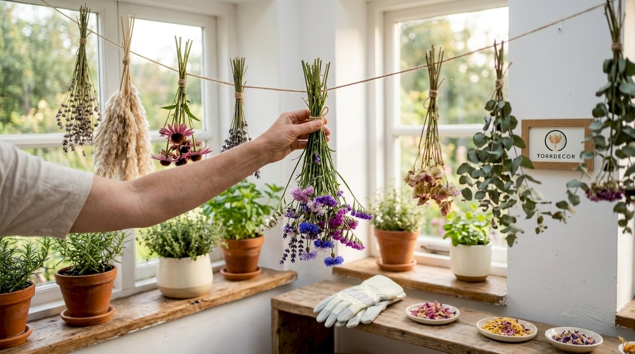 Blommor upphängda på snöre för att torka