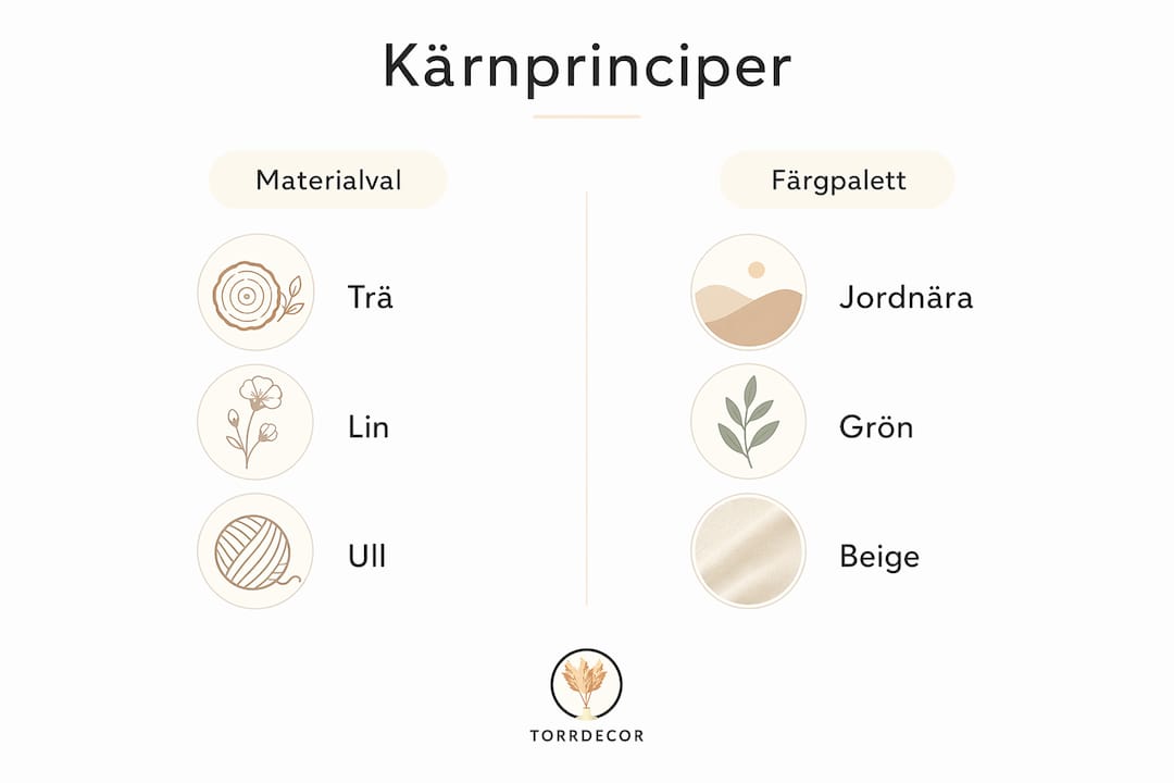 Illustration som visar de viktigaste principerna för naturlig inredning – materialval och färgpaletter som harmonierar med naturen.