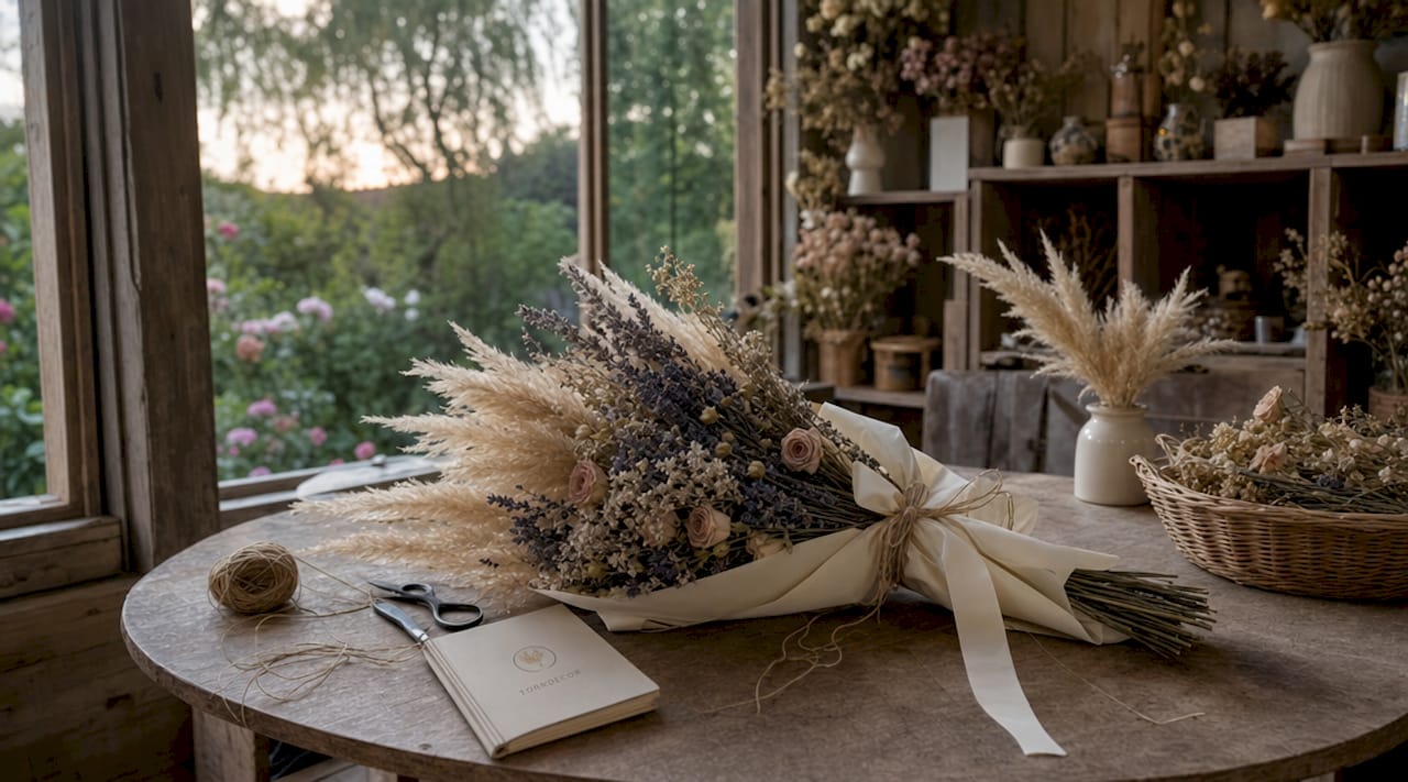 Ett par händer i närbild som varsamt knyter ihop torkade blommor.