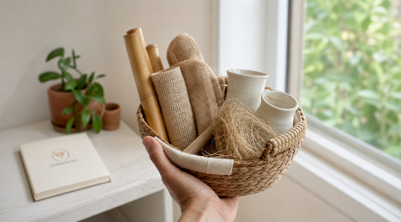 Insprängda inslag av naturliga material i varma, jordnära toner