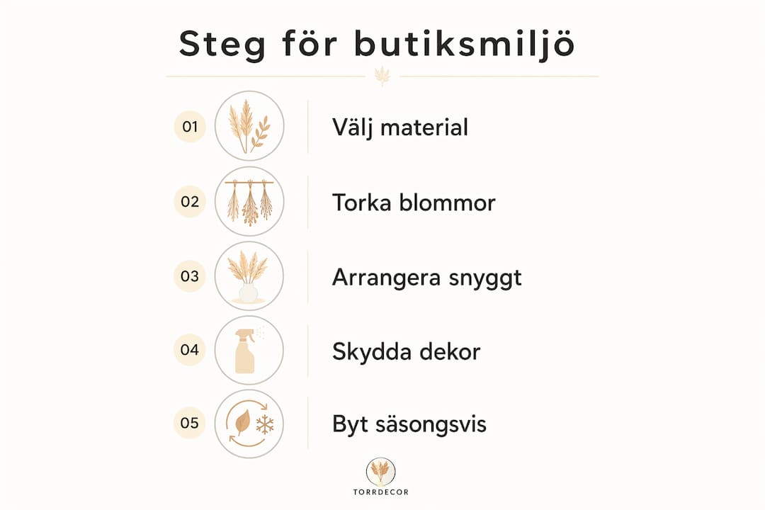 Steg-för-steg-guide: Så skapar du en inspirerande butiksmiljö med torkade blommor – tydlig infografik som visar vägen
