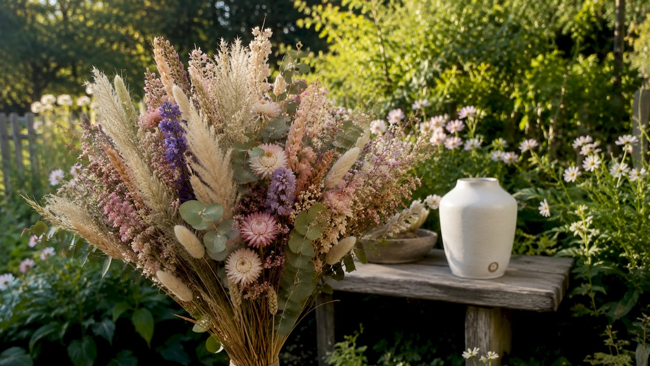 Detaljbild på händer som försiktigt håller torkade blommor ovanför ett skrivbord.