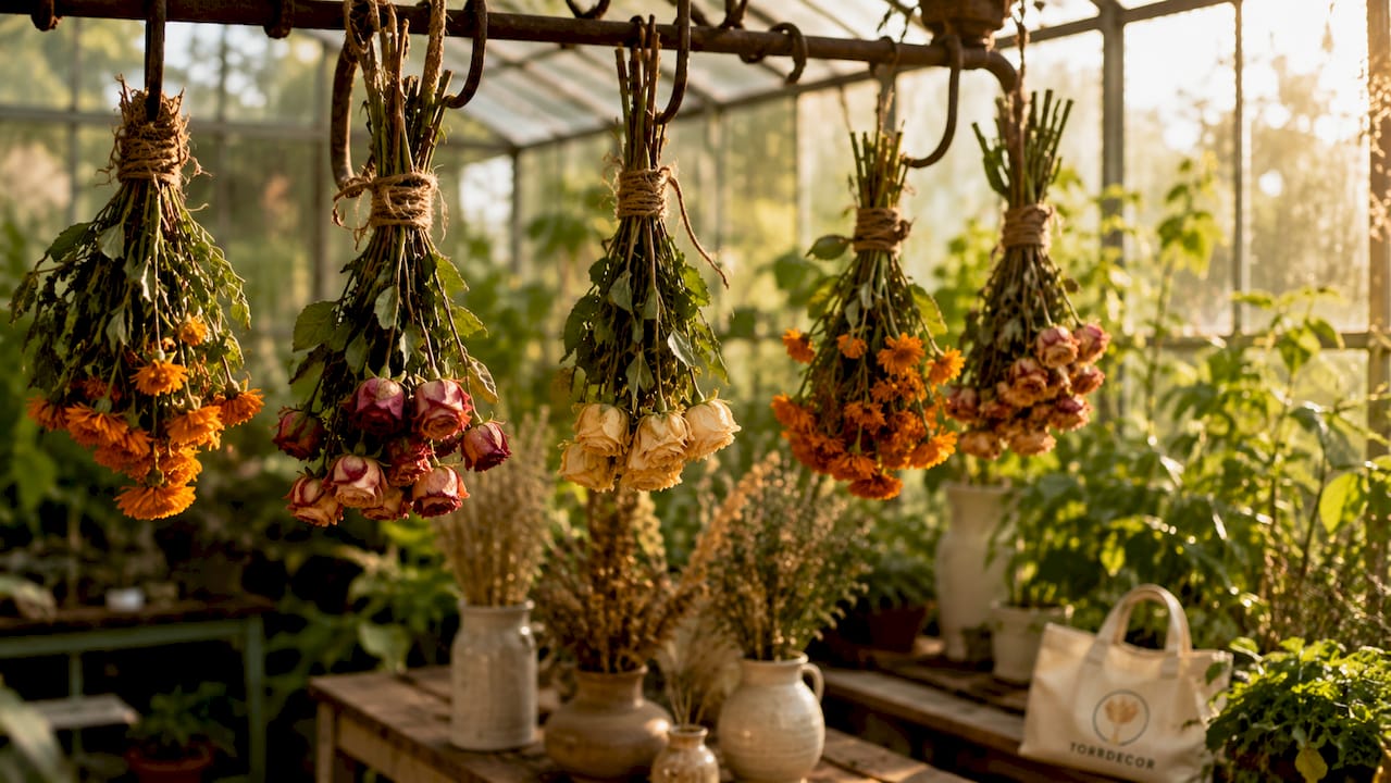 Detaljbild på torkade blomsterbuketter som hänger på rad.