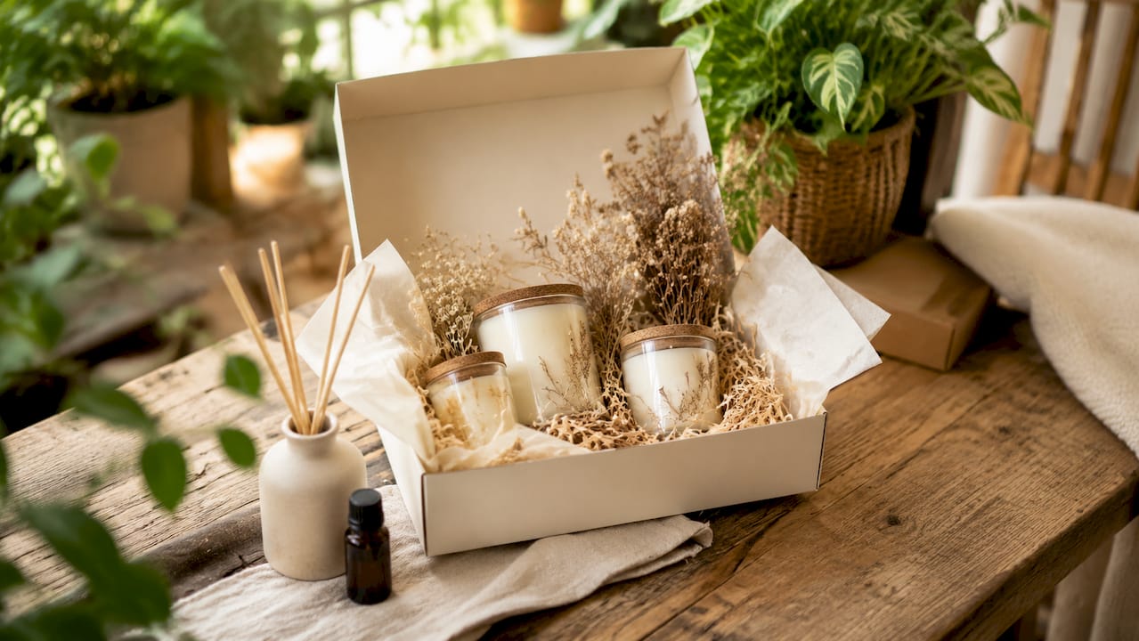 Presentlåda med doftljus och torkade blommor – en perfekt gåva med omtanke och känsla.