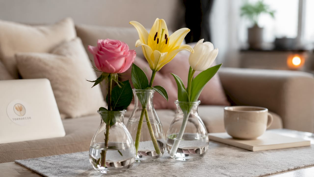 Detaljeret foto på en rosa ros, en gul lilja og en vit tulpan i vacker samling