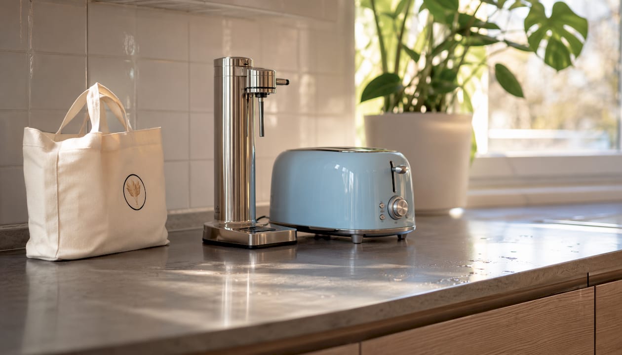 På köksbänken står en stilren vattenkokare från Aarke och en klassisk brödrost från Smeg.