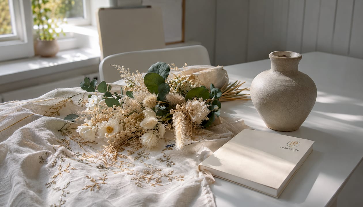 Ett vackert urval av torkade blomsterstjälkar arrangerat på bordet