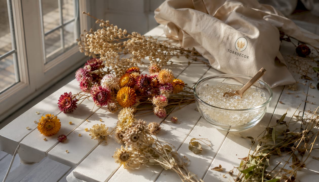 Detaljbild på torkade blommor tillsammans med silikagel