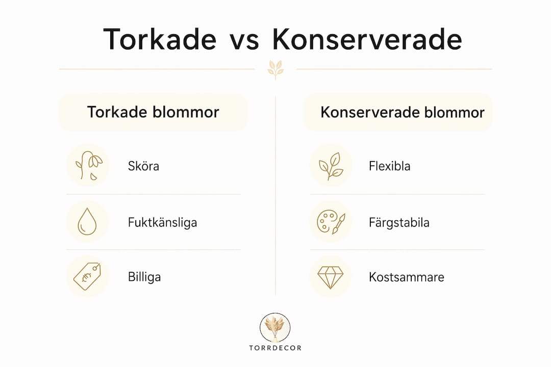 Grafisk översikt: skillnader och likheter mellan torkade och konserverade blommor