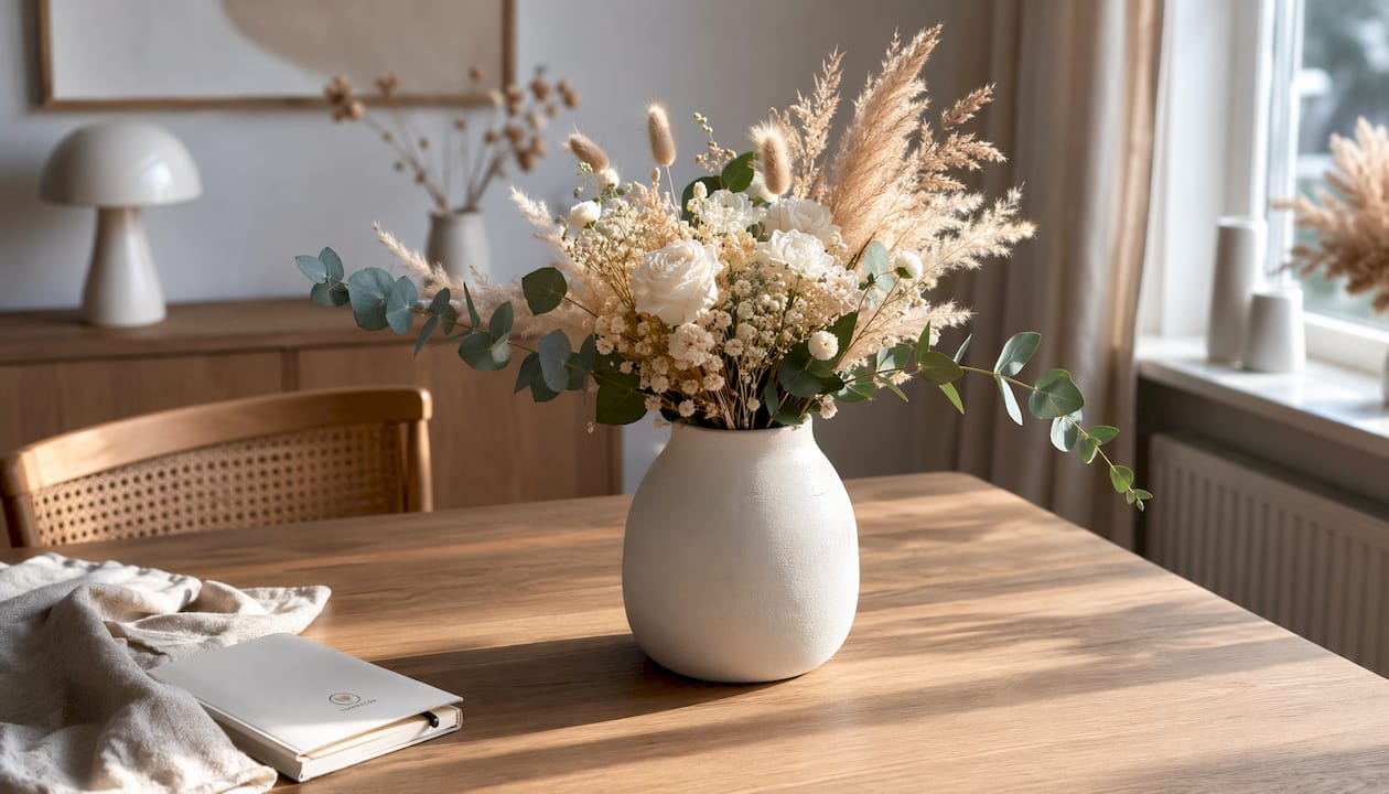 En vit vas med en torkad blomsterbukett står som en fin detalj på sideboarden.