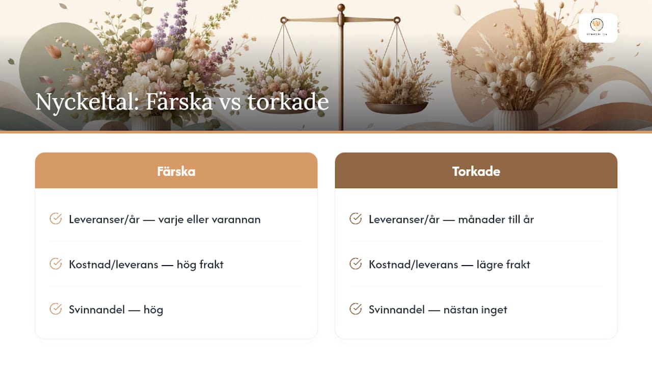 Jämförelse i diagramform: kostnader och leveransalternativ för färska respektive torkade blommor