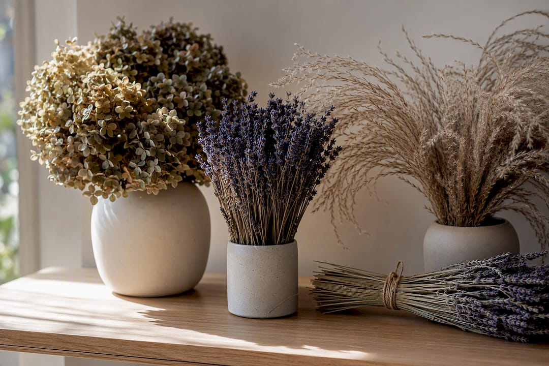 Torkad bukett med hortensia, lavendel och gräs