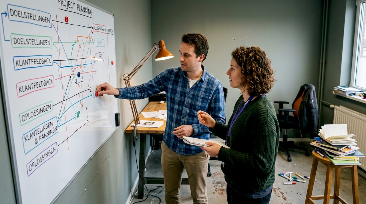 Twee collega's overleggen samen bij het whiteboard.