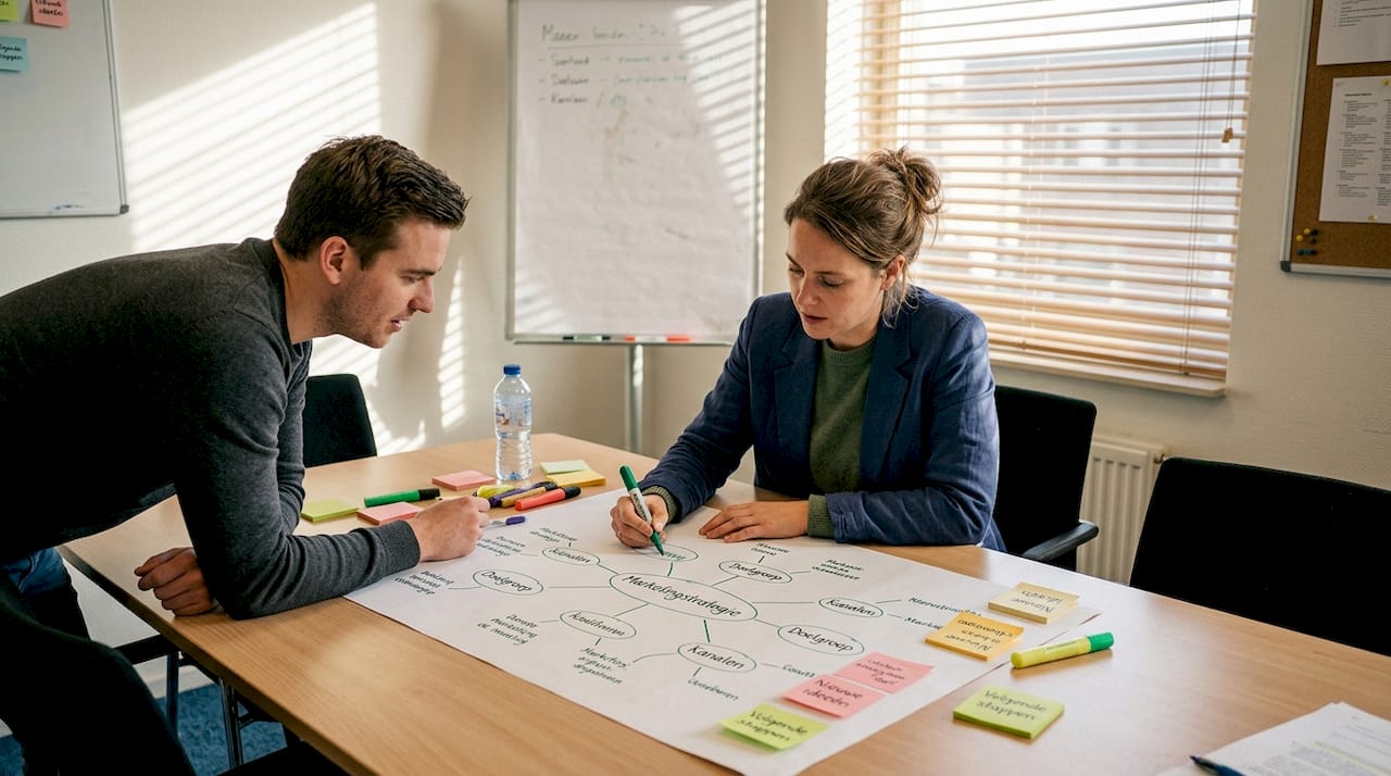 Twee collega’s werken samen aan een mindmap tijdens een vergadering.