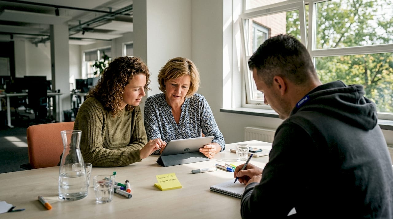 Het team houdt een brainstormsessie met een tablet en post-its bij de hand.