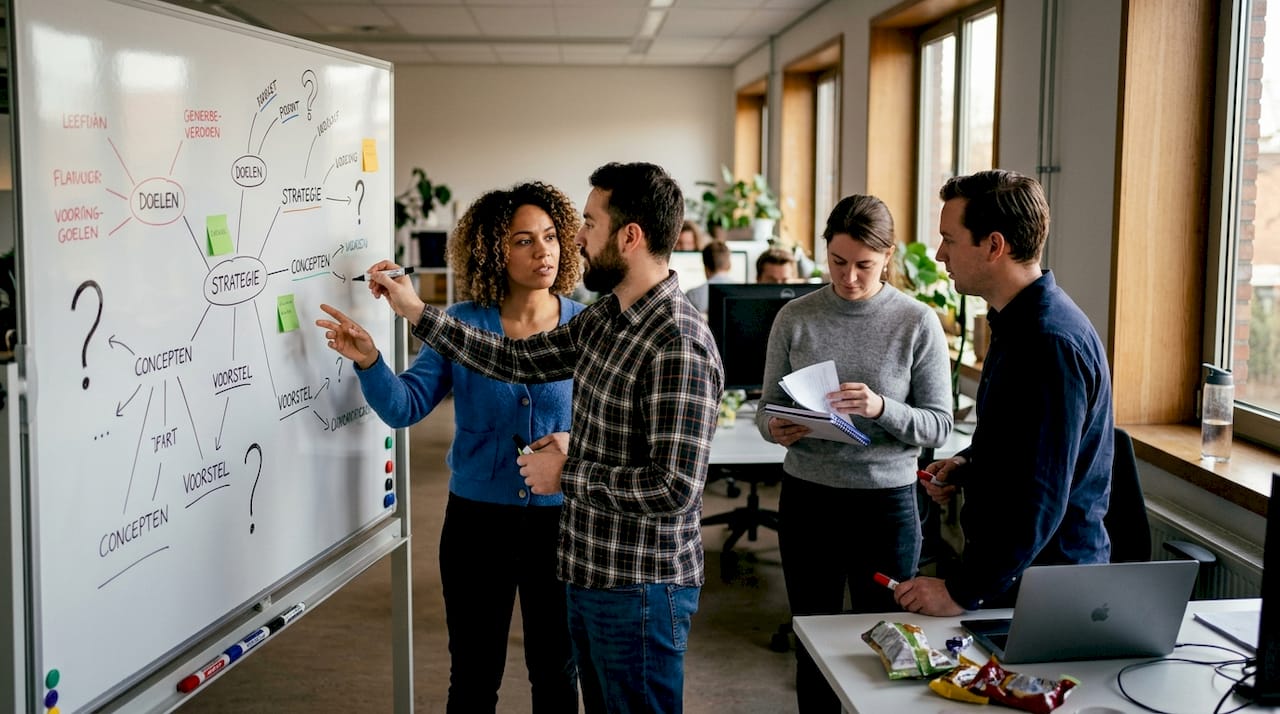 Het team staat enthousiast rond het whiteboard en wisselt creatieve ideeën met elkaar uit.