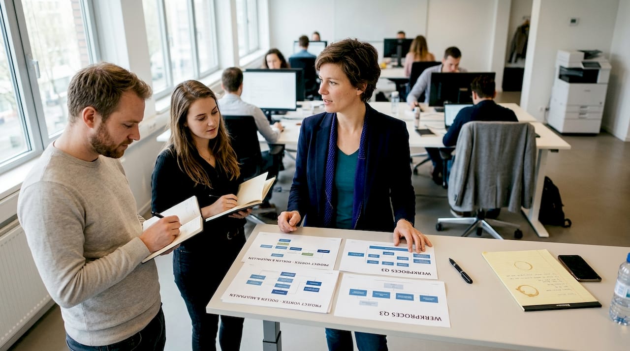De projectleider stemt zaken af met het team op de werkvloer.