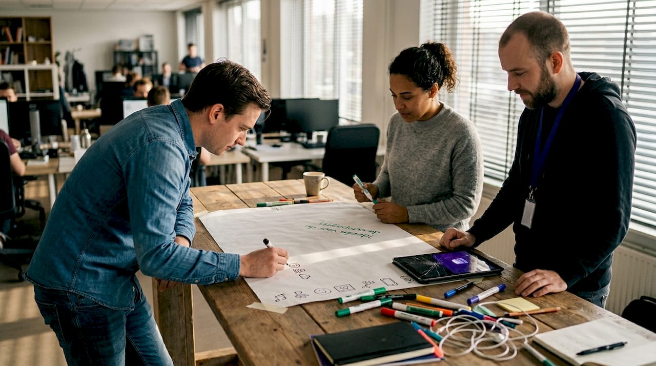 Collega’s brainstormen samen met stiften aan een grote tafel op kantoor.