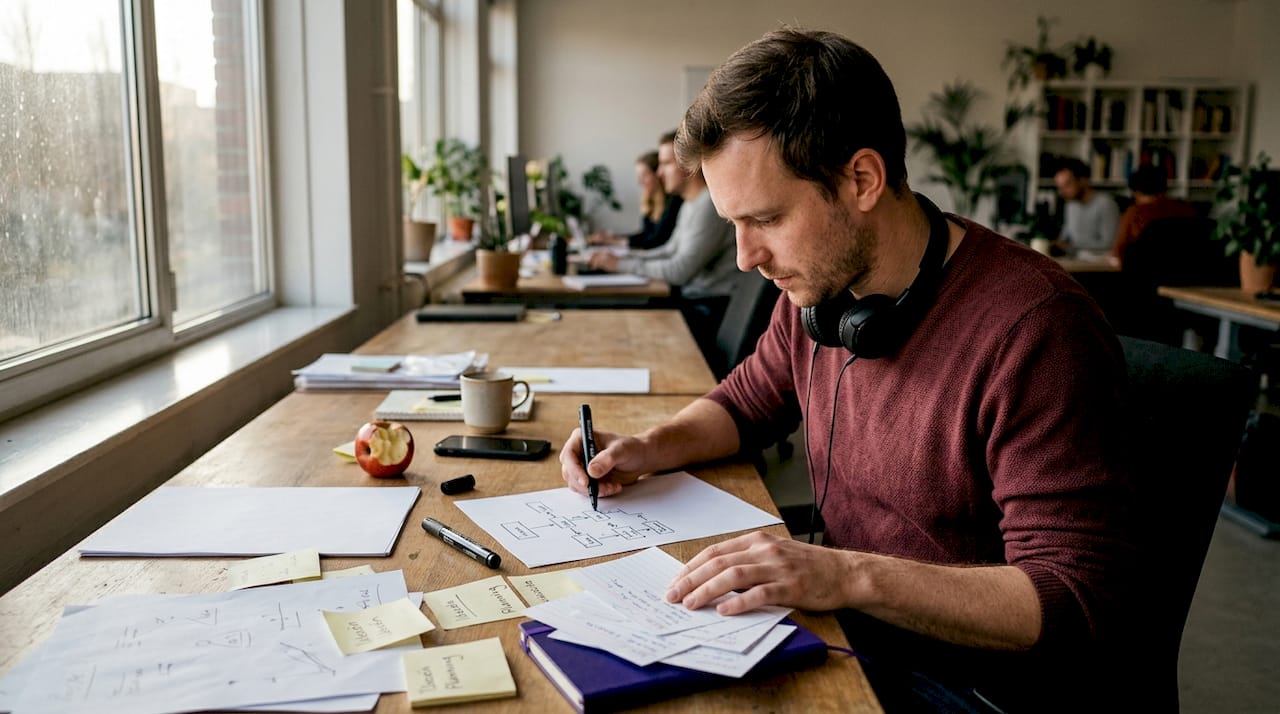 Man zit aan zijn bureau en werkt schetsend zijn ideeën uit.