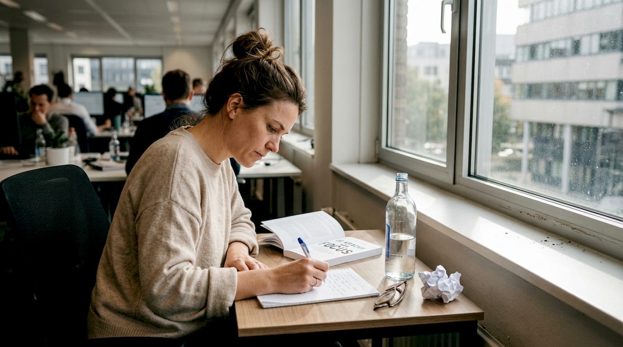 Een vrouw zit verdiept in gedachten aan haar bureau en schrijft iets op in haar notitieboekje.