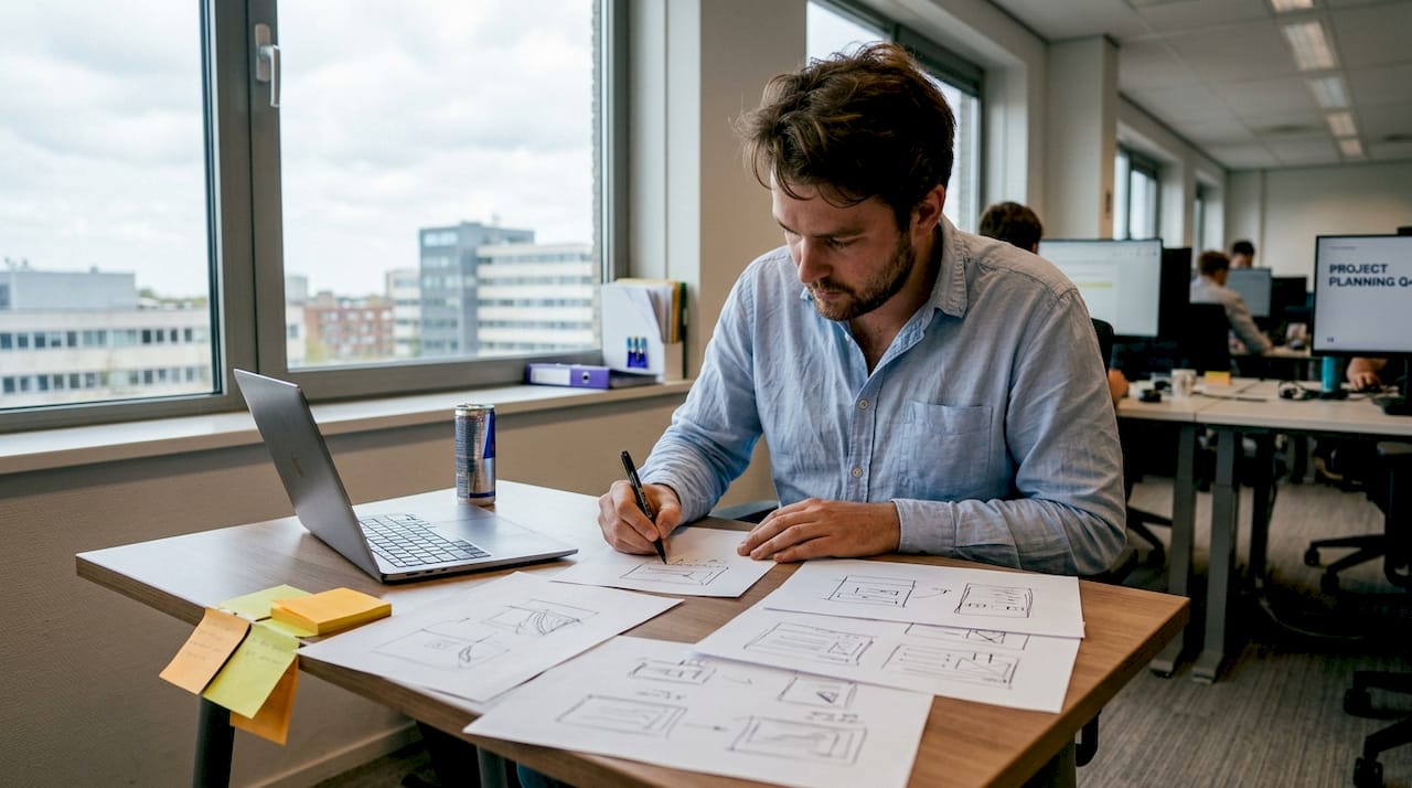 Een man maakt acht schetsen tijdens een brainstormsessie.