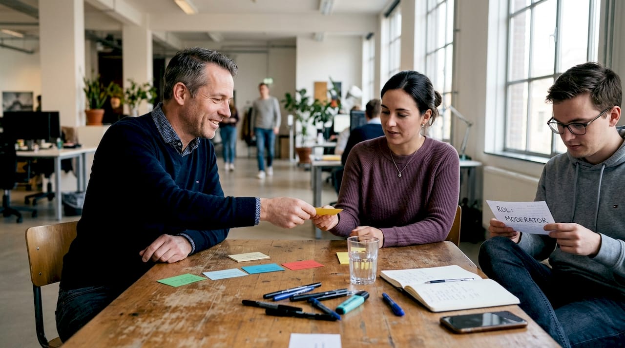 Het team zit samen aan tafel en gaat creatief aan de slag met ideeënkaartjes.