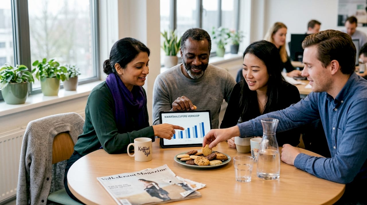 Een divers team zit samen aan tafel op kantoor en werkt actief samen aan een project.