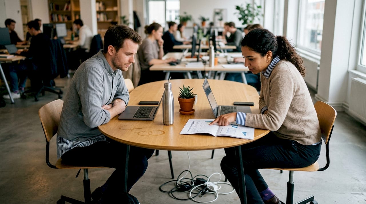 Collega’s bespreken samen het rapport over de groei van het bedrijf.