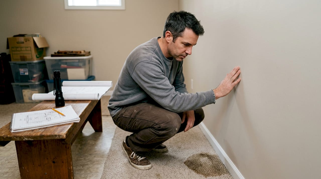 Man inspecting indoor wall for hidden mildew