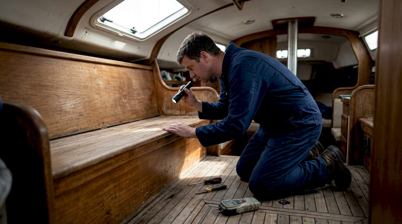Technician inspecting boat wood for mildew damage