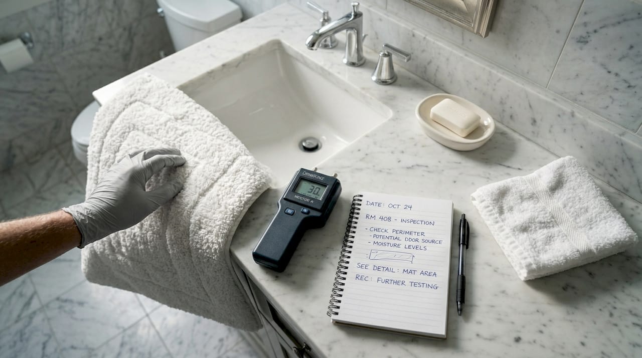Inspecting bathroom for mold and odor sources