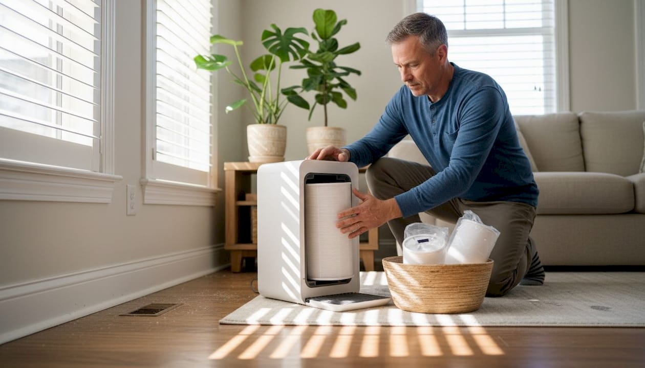 Replacing air purifier filter in bright living room