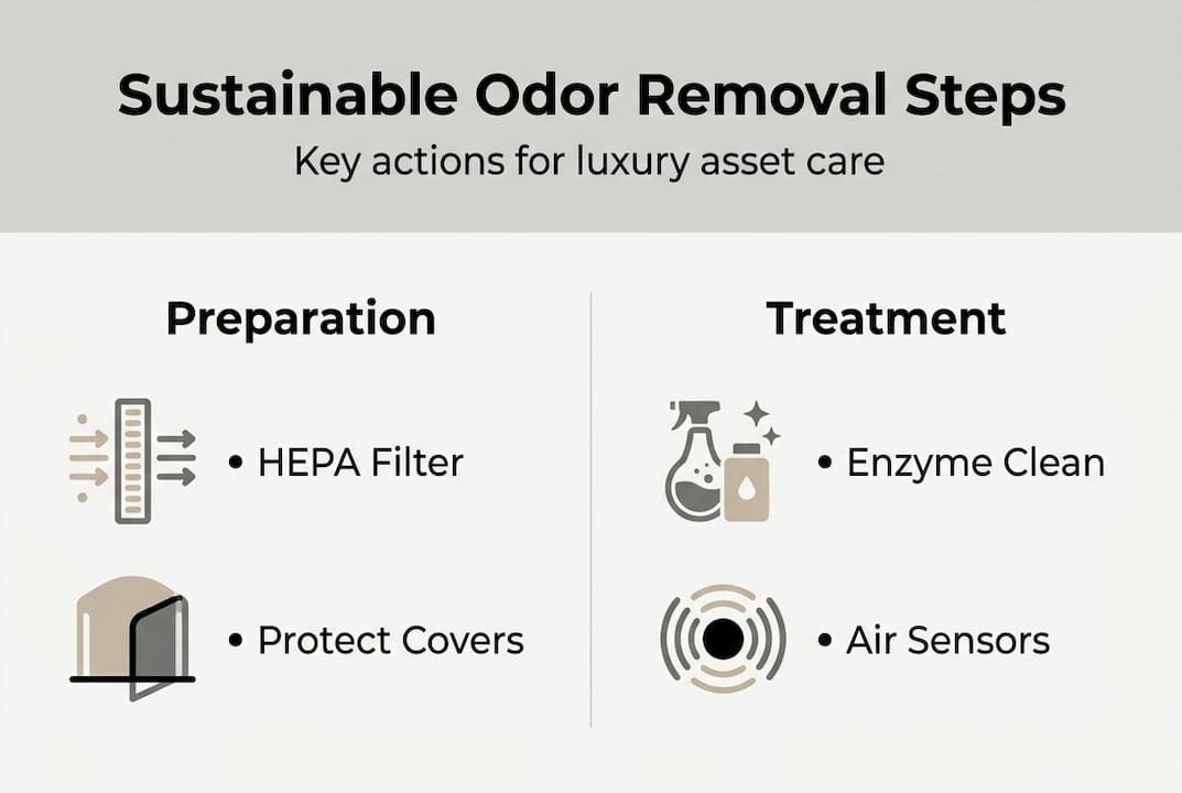 Infographic showing steps for sustainable smoke odor removal