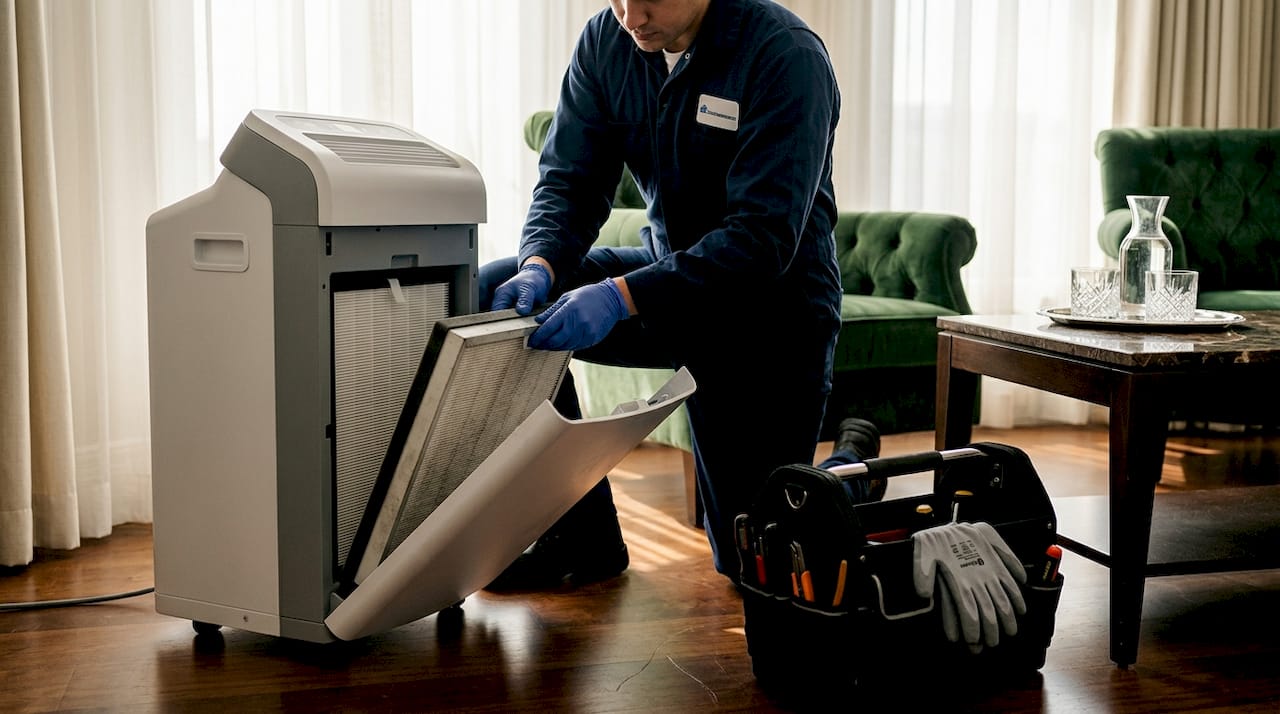 Technician changing HEPA filter in hotel suite