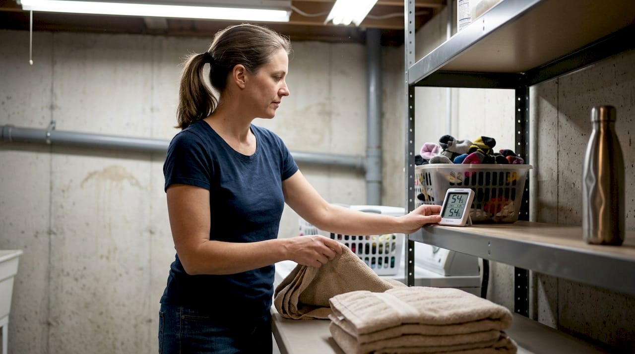 Woman checks hygrometer while folding laundry