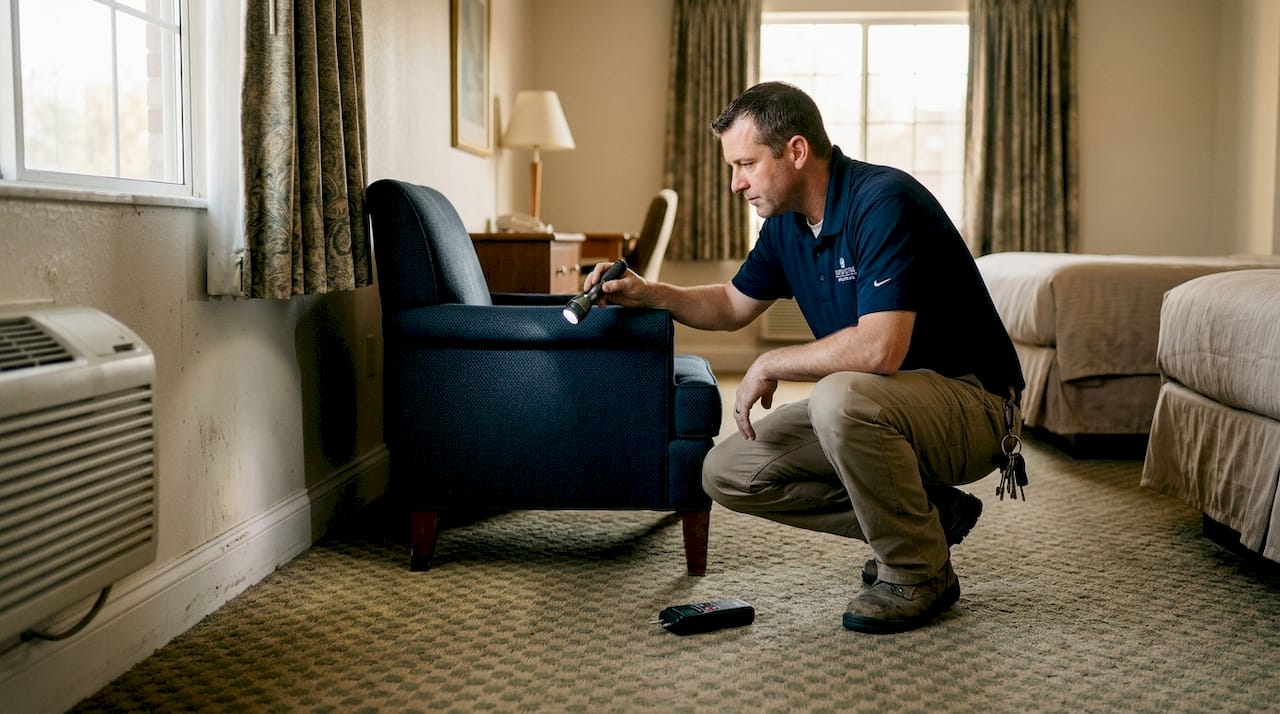 Worker inspects hotel room pet odor hotspots
