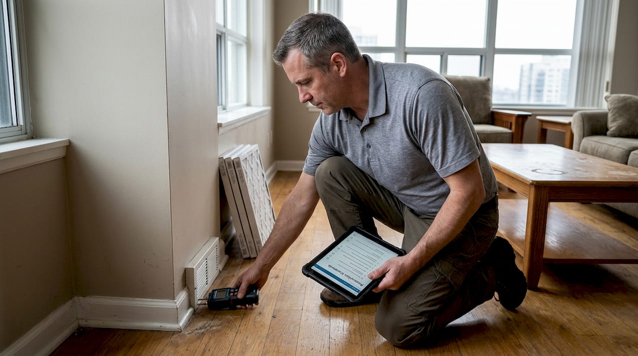 Manager checking moisture sensor in condo