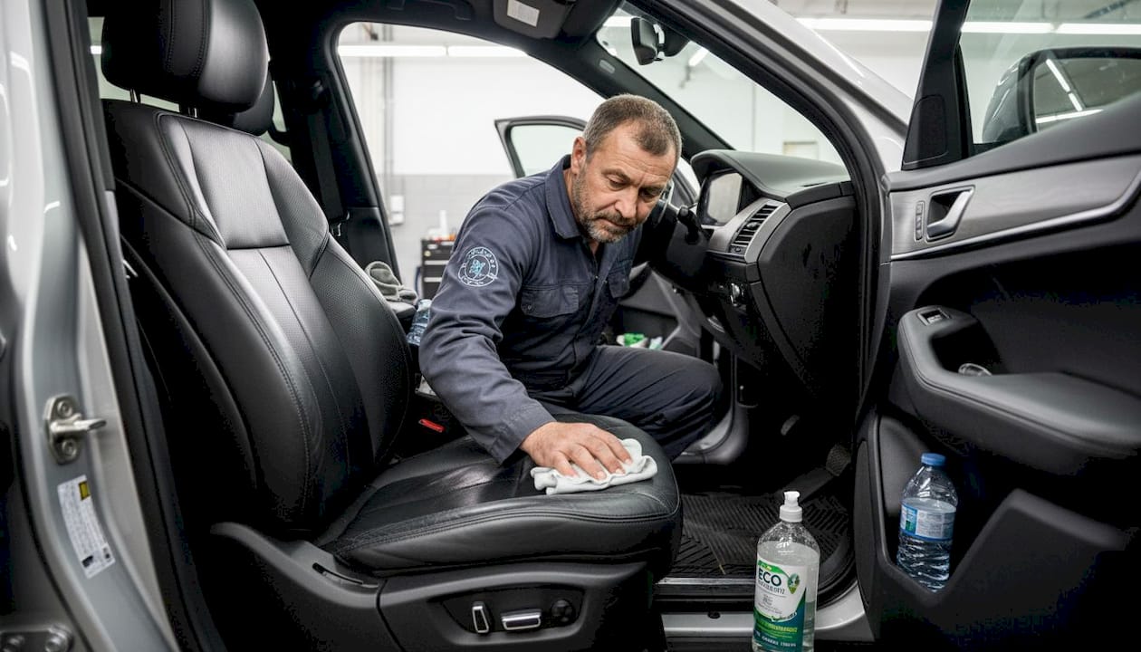 Detailer using eco remover on luxury upholstery